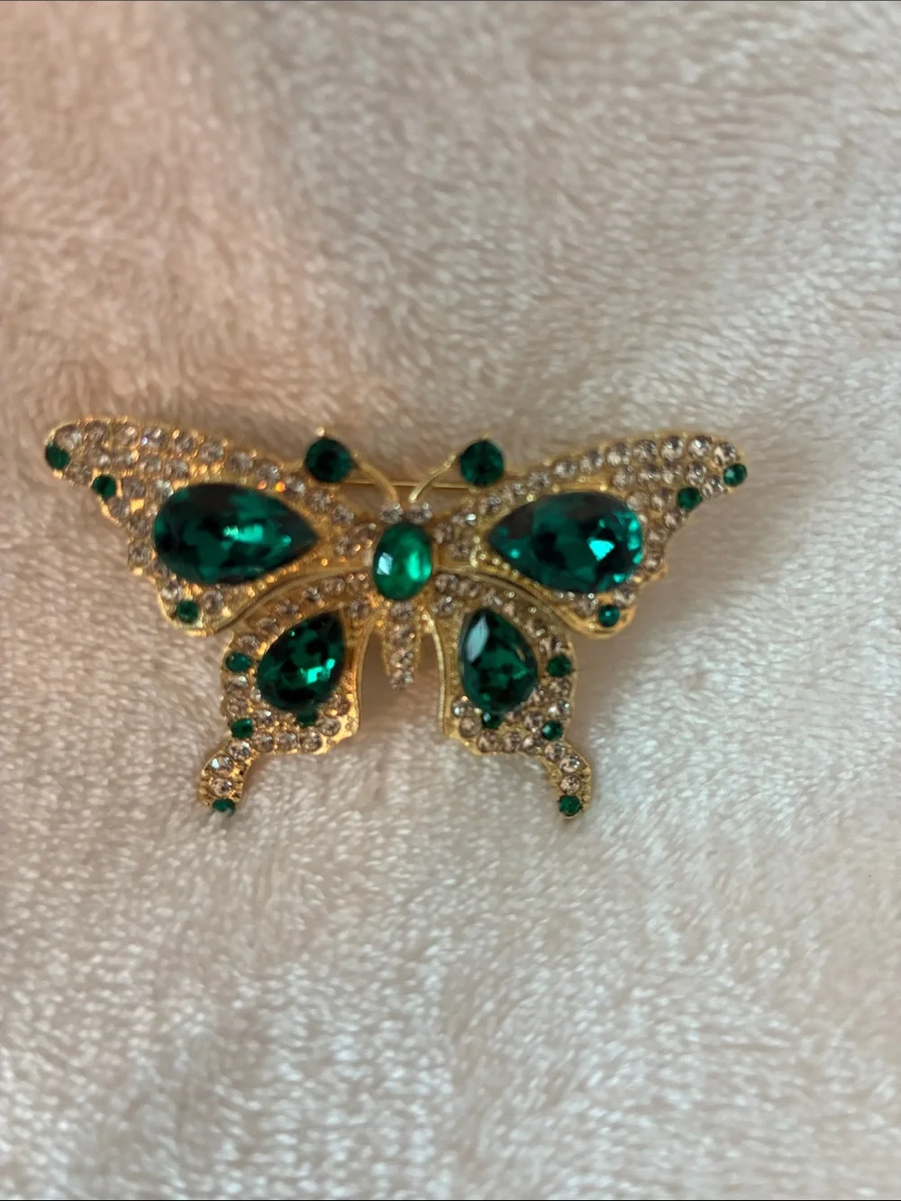 Gold Butterfly Brooch with Emerald Green Crystals - Women Jewelry. 2.5W x 1.5L